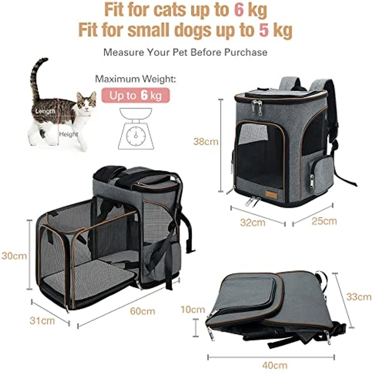 Lekesky Erweiterbar Katzenrucksack Hunderucksack, Faltbar mit Sicherheitsleine und 2 Matten, Grau, für Katzen und kleine Hunde bis 8 kg – Bild 2