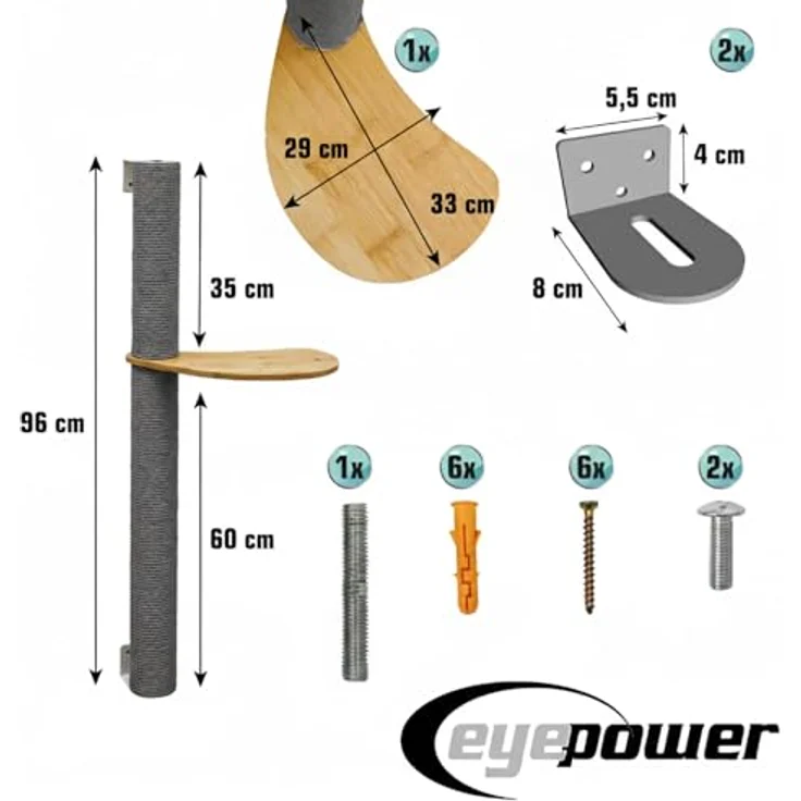 Eyepower Luna, 96 cm Wandkratzbaum mit 1 drehbarem Plateau, stabiler Sisal Kratzbaum zur Wandmontage aus Bambus – Bild 8