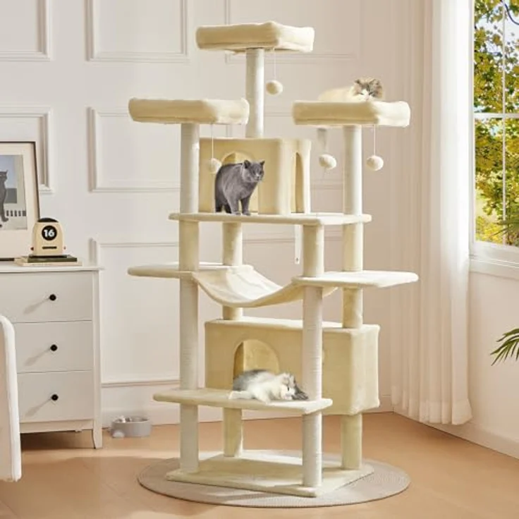 MSmask Kratzbaum groß XXL, stabil mit 3 Aussichtsplattformen und 2 Höhlen, Sisalsäulen, beige – Bild 2