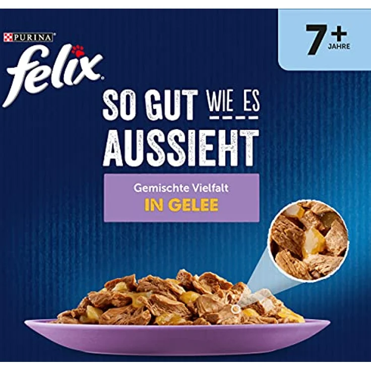 FELIX So gut wie es aussieht Senior Katzenfutter nass in Gelee, Sorten-Mix, 120er Pack (120 x 85g), Rind, Lachs, Huhn, Thunfisch, 100% komplett & ausgewogen – Bild 3
