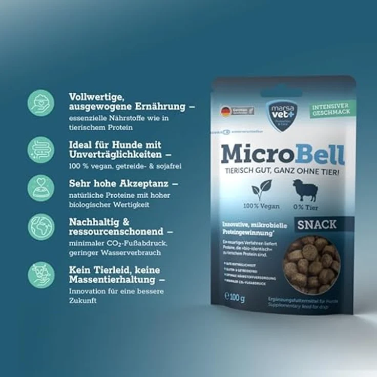 marsavet+ Marsavet Veganes Hundefutter-Set MicroBell, Trockenfutter (900 g) und Hundesnacks (100 g), mikrobielles Protein, gluten- und getreidefrei, hypoallergen, nachhaltig – Bild 4