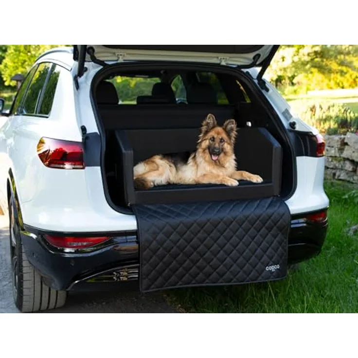 CopcoPet Hundebox Auto, Kofferraumschutz mit Ladekantenschutz, herausnehmbare Schutzmatte, 90x55x38cm, Schwarz, mit Anschnallsystem für sichere Fahrt