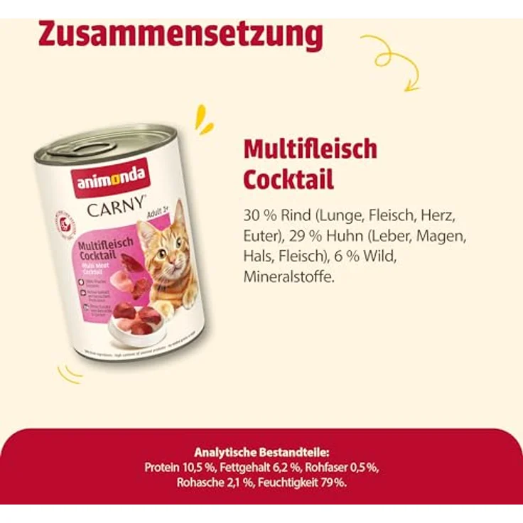 animonda Carny Adult Multi-Fleischcocktail, Katzen-Nassfutter mit Huhn, Rind und Wild, 6x400g, ohne Soja und Zucker – Bild 5