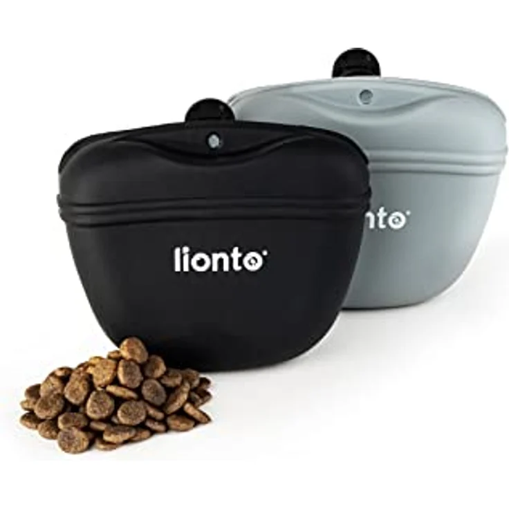 lionto Futterbeutel 2-er Set, Leckerlitasche aus lebensmittelechtem Silikon, 13x5x11 cm, wasserabweisend mit Magnetverschluss & Befestigungsclip, schwarz & grau – Bild 1