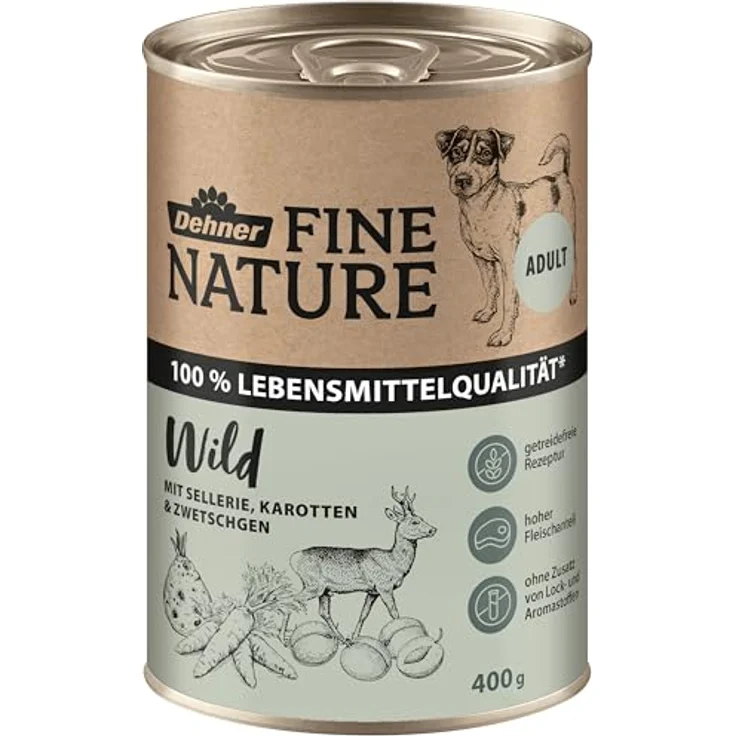 Dehner Fine Nature Hundefutter, Nassfutter in Lebensmittelqualität, Wild mit Sellerie und Karotten, getreidefrei, 6 x 400 g Dose (2.4 kg) – Bild 2