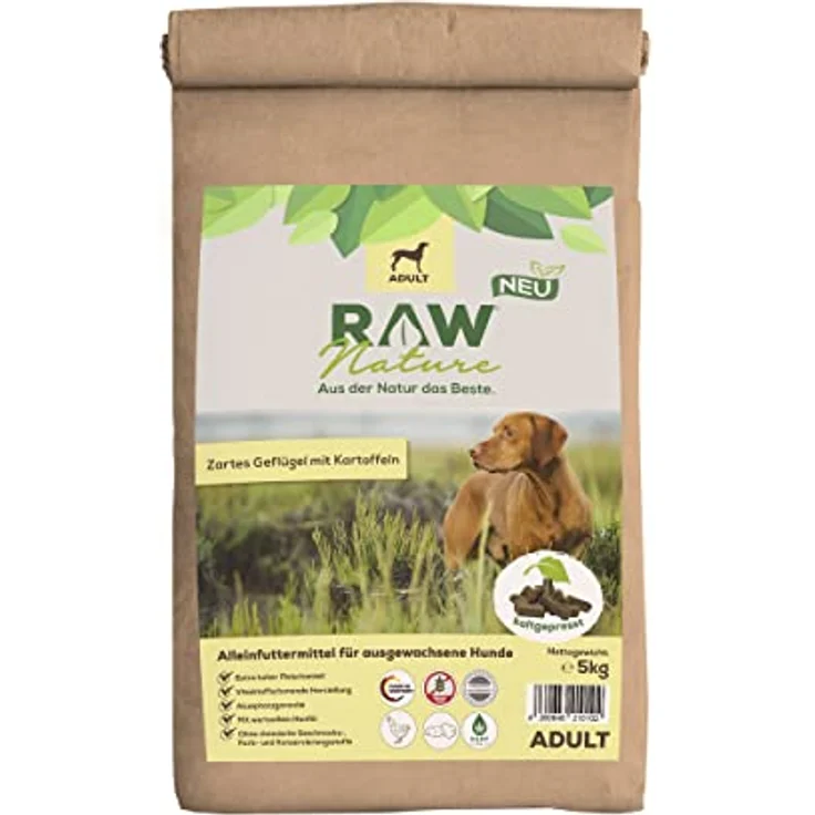 RAW Nature Trockenfutter Adult mit Huhn 5kg, getreidefreies, kaltgepresstes Hundefutter, 100% Muskelfleisch, hoher Fleischanteil, ohne künstliche Zusätze, für alle Rassen geeignet – Bild 1