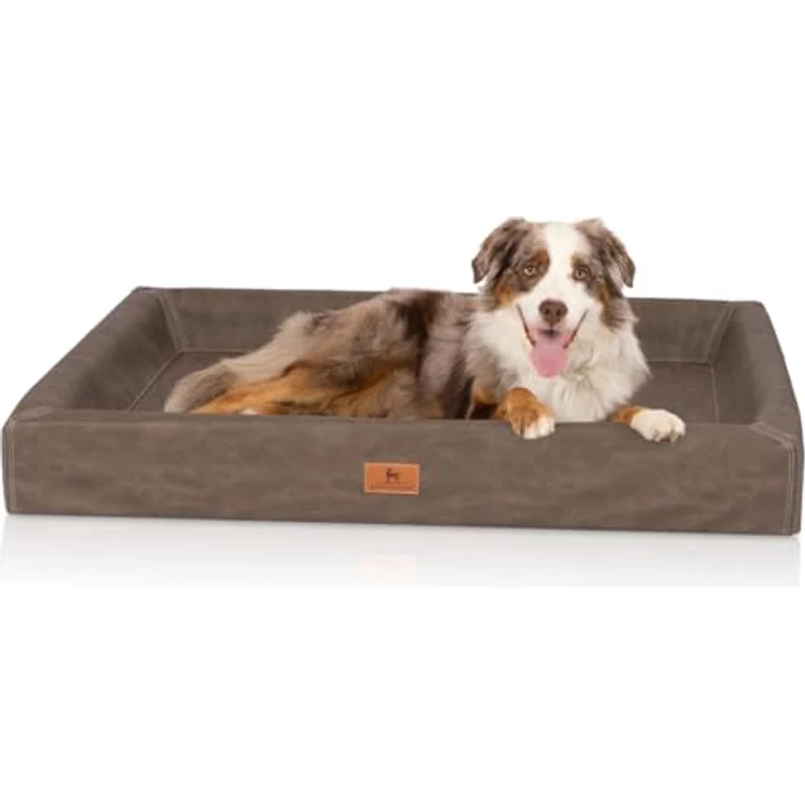 Knuffelwuff orthopädisches Hundebett Austin, Kunstleder, S 70 x 50cm, braun, formstabil und gelenkschonend, abnehmbarer Bezug, rutschfester Unterboden – Bild 1