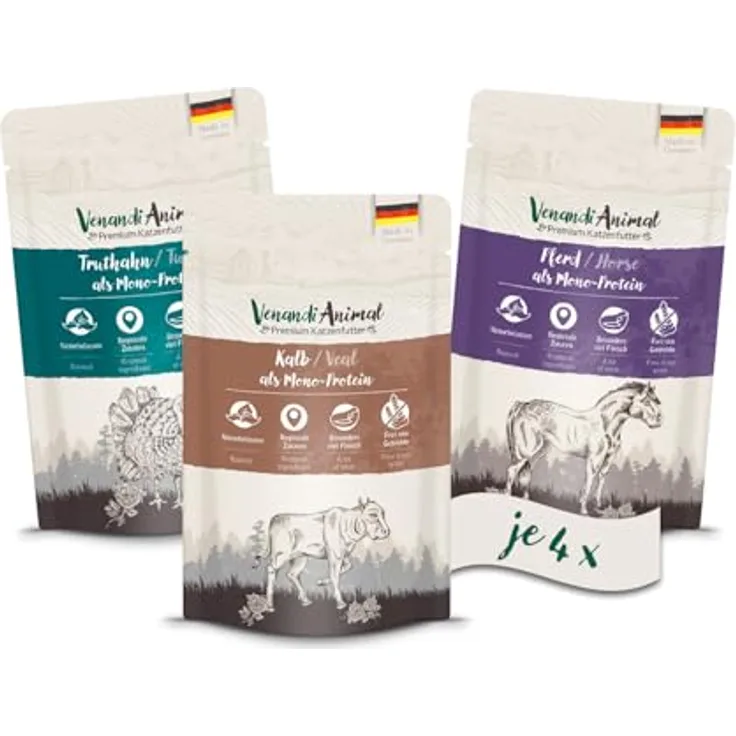 Venandi Animal Probierpaket II, Katzen-Nassfutter 12x125g mit 4x Pferd, 4x Kalb und 4x Truthahn, hoher Fleischanteil, leicht verdaulich