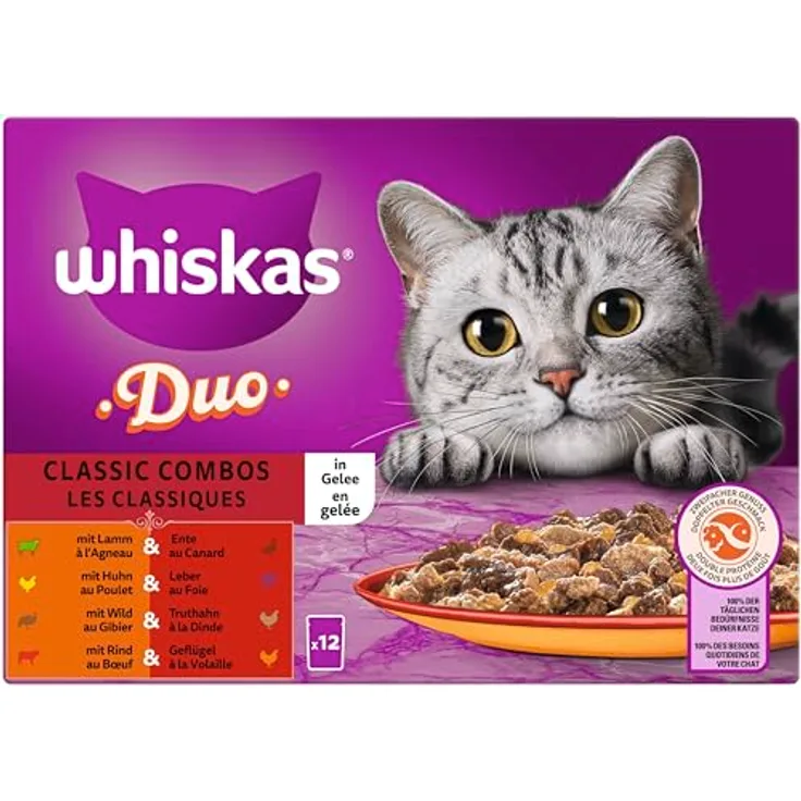 WHISKAS Duo Nassfutter Portionsbeutel Multipack, Classic Combo in Gelee, 12 x 85g, 4 Geschmacksrichtungen mit Rind, Geflügel, Lamm, Ente, Huhn, Leber, Pute, Wild, enthält alle Nährstoffe für eine gesunde Katze