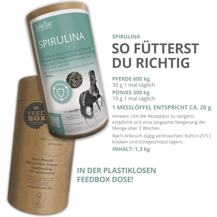 STRÖH Spirulina Pellets für Pferde, 1,3 kg, 100% pflanzliches Futter mit hohem Eiweißgehalt, unterstützt Muskelaufbau und Vitalität – Bild 4