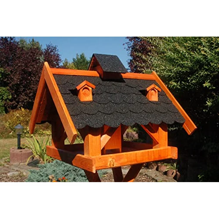 Deko-Shop-Hannusch XXL Futterhaus Vogelhaus mit Bitumenschindeln und Gauben versch. Dachfarben wählbar mit oder ohne Solarbeleuchtung V19, Variante:bitum dunkel XXL – Bild 1