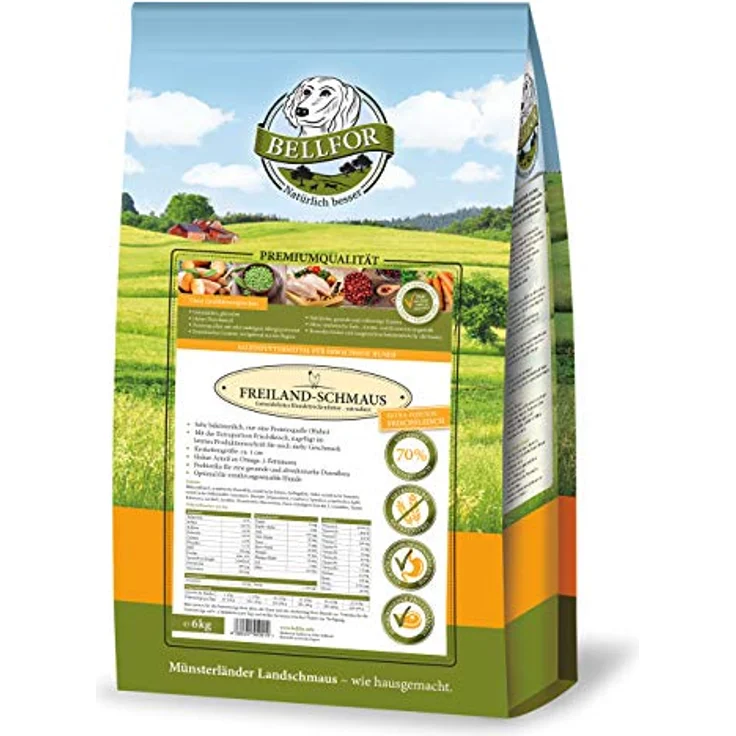 Bellfor Freiland-Schmaus Trockenfutter mit Huhn, getreidefrei, optimal für ernährungssensible Hunde, hoher Anteil an Omega-3-Fettsäuren, 6,0 kg – Bild 1