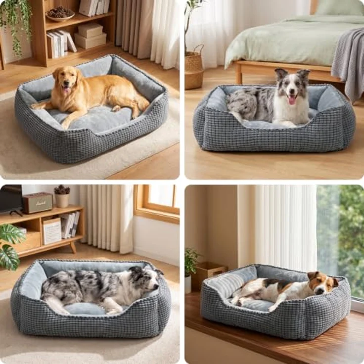 JOEJOY Hundebett M, Waschbarer Hundekorb mit erhöhtem Rand und rutschfester Unterseite, 63x53x20cm, Kord & Flanell – Bild 2