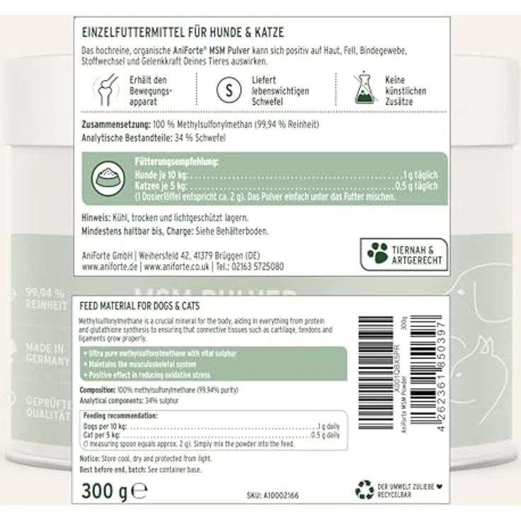 AniForte MSM Pulver 300g, reines Methylsulfonylmethan für Hunde und Katzen zur Gelenkunterstützung und Stoffwechselverbesserung – Bild 9