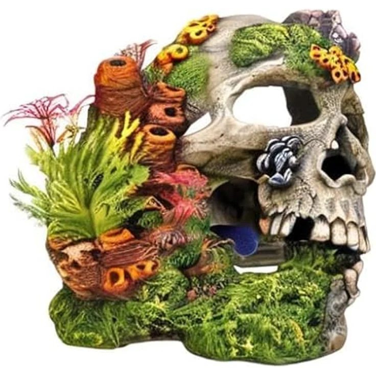 Nobby Aqua Ornaments TOTENKOPF mit Pflanzen, detailgetreue Polyresin Aquarium Dekoration für Süss- und Meerwasseraquarien – Bild 2