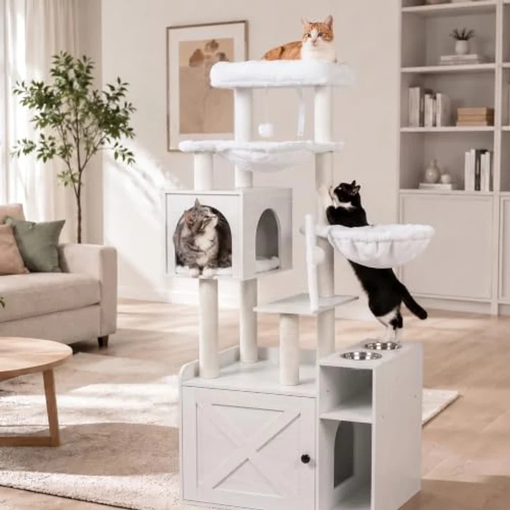 Relaxdays Kratzbaum Katzenkloschrank mit Magnettür, Sisal & Höhle, 2 Näpfen, weiß – Bild 2
