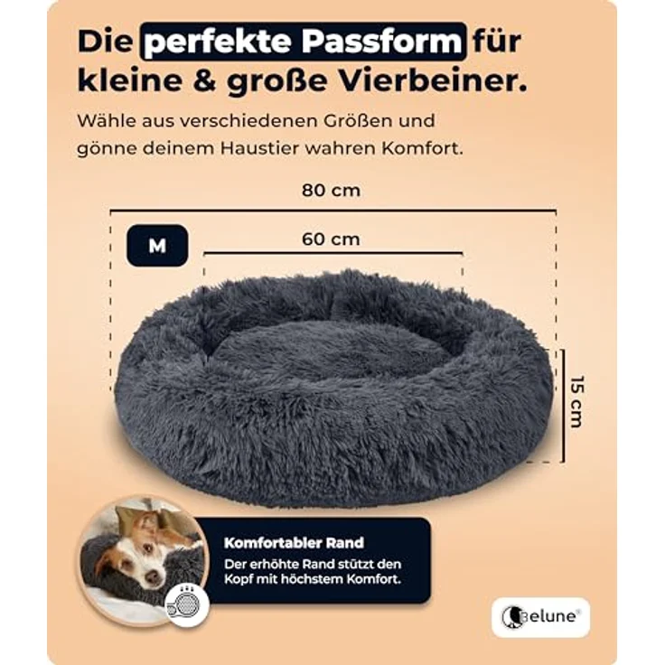 Belune® Hundebett, Waschbarer Bezug, 100% Veganes Kunstfell, Rutschfest, Dunkelgrau, M 80cm – Bild 5