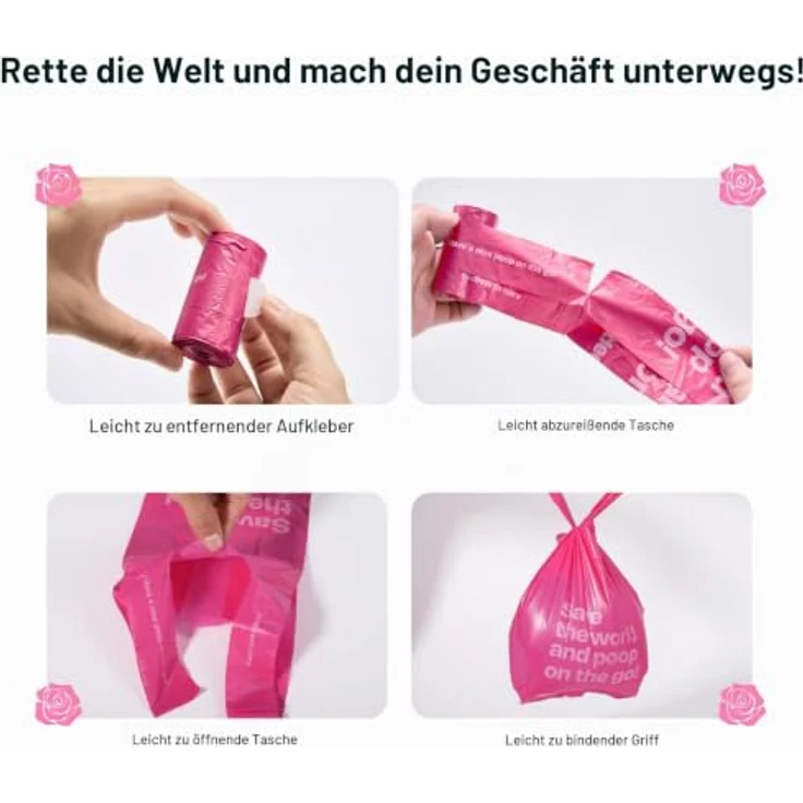 Deo Doo Hundekotbeutel, 720 Stück mit Henkel und Spender, Rose Duft, 100% auslaufsicher, aus recycelten Materialien, 50% Speisestärke – Bild 4