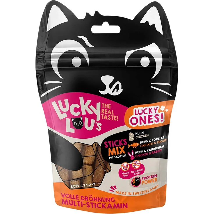 Lucky Lou Lucky Ones Sticks Mixpaket, Katzensnacks mit Huhn und Kaninchen sowie Huhn und Forelle, 50g