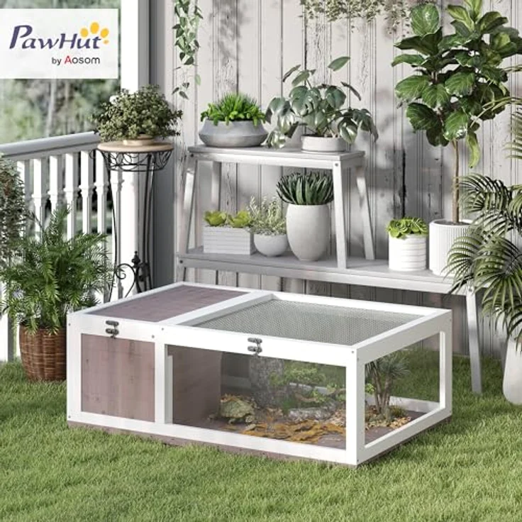 PawHut Kleintierstall Schildkrötengehege, 91x60,5x32 cm, mit aufklappbarem Dach und zwei Zonen für Schildkröten und Eidechsen, Braun – Bild 2
