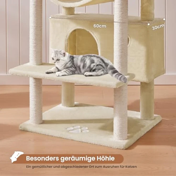 MSmask Kratzbaum groß XXL, stabil mit 3 Aussichtsplattformen und 2 Höhlen, Sisalsäulen, beige – Bild 4
