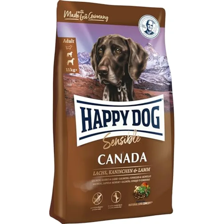 Happy Dog Sensible Trockenfutter Hund Adult, Kanada 11 kg, getreidefrei, mit Lachs, Kaninchen und Lamm, für sensible Mittlere und große Rassen