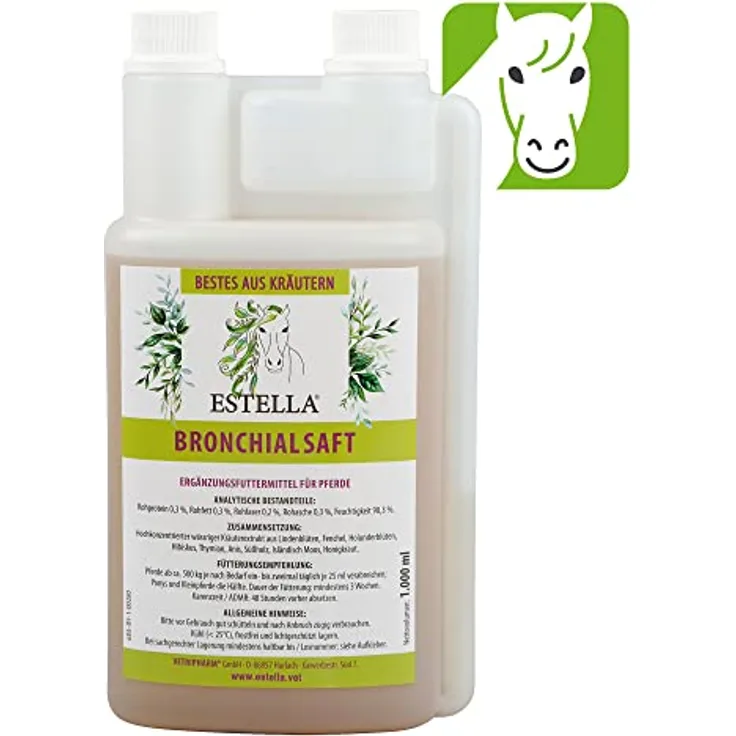 ESTELLA Bronchialsaft für Pferde 1 L, Kräuterextrakt mit Fenchel, Holunder- & Lindenblüte, Hibiskus | Unterstützung bei Husten und verschleimten Atemwegen