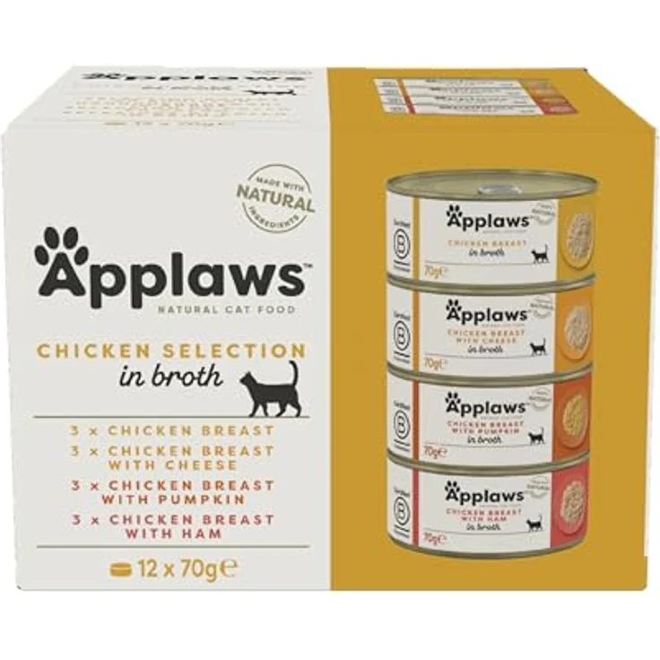 Applaws 100% natürliches Premium-Nassfutter für Katzen, Hühnerauswahl in Brühe, 12 x 70g Dosen, proteinreich, für gesunde Haut und Fell – Bild 1