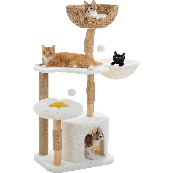 Purpurra 123 cm Katzenbaum Turm für große Katzen, mehrstöckig mit Blumen-Sitzstange, natürliches Massivholz, pflegeleicht und stabil