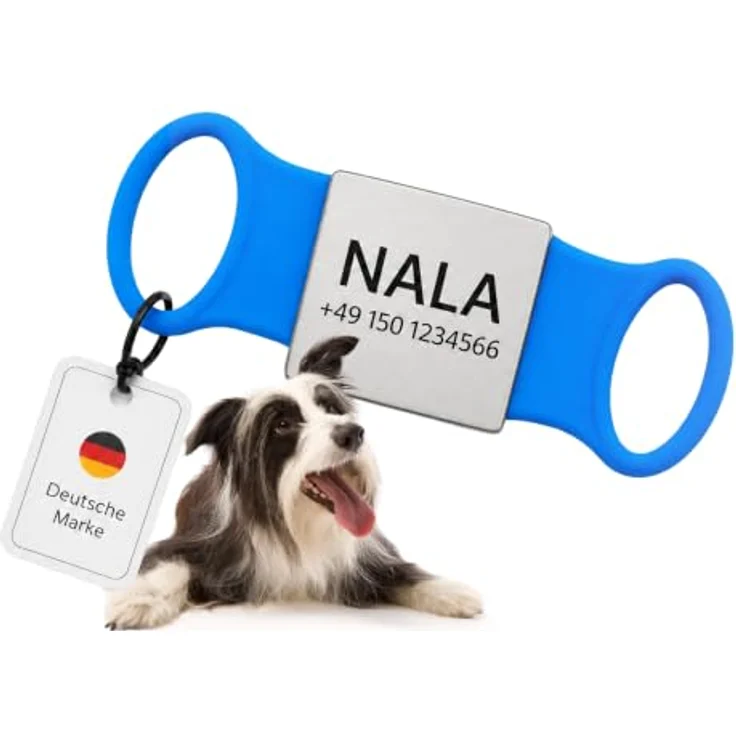 mypfote.com Hundemarke personalisiert für Halsband, Slider mit Gravur, Blau, Größe L, leise und robust aus Edelstahl und Silikon – Bild 1
