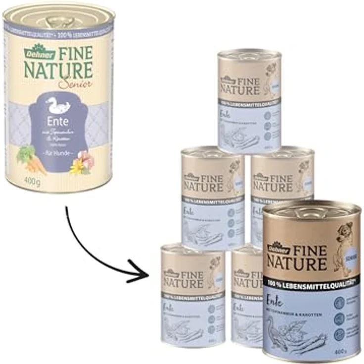 Dehner Fine Nature Hundefutter, Nassfutter in Lebensmittelqualität für ältere Hunde, Ente mit Topinambur und Karotten, 6 x 400 g Dose (2.4 kg) – Bild 3