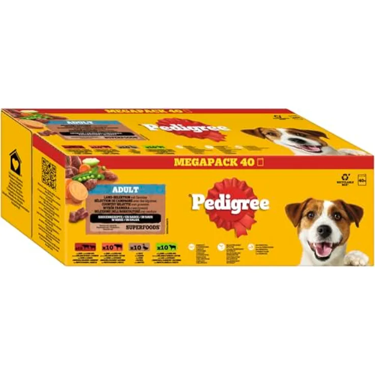 Pedigree Frischebeutel Land-Selektion in Sauce 40 x 100 g, Nassfutter für Hunde, 4 Varietäten mit 100% natürlichen Zutaten