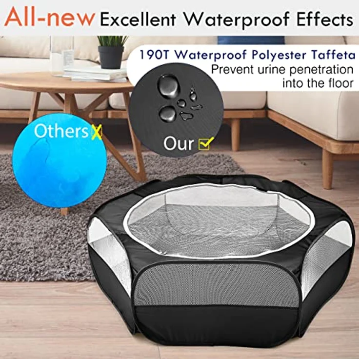 Pawaboo Kleintiere Freigehege, Wasserdicht Faltbar für Kaninchen, Hühner und Welpen, 133 cm x 38 cm, Visuell Laufstall mit Netz und Nylonboden, Schwarz – Bild 4