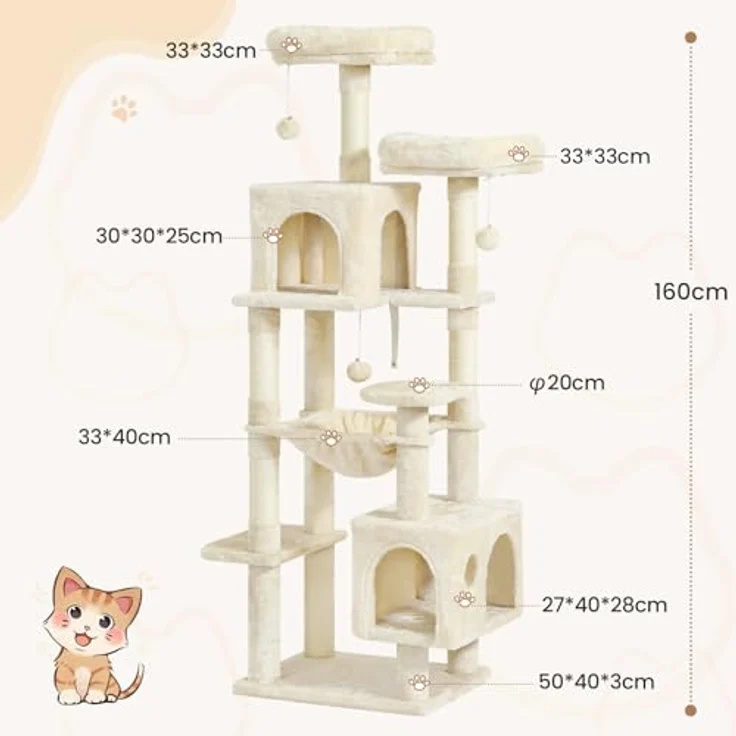 MSmask Kratzbaum groß, L Katzenbaum Stabil, Katzenkratzbaum mit 2 Plattformen, 2 Katzenhöhlen, Hängematte, Sisalsäulen, mehrstöckiger Kletterbaum für Katzen (Beige, 160 cm) – Bild 7