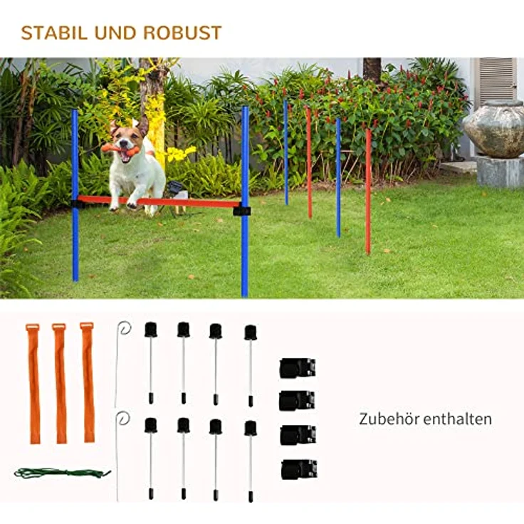 PawHut Agility-Übungs-Set, Slalom-Hürden-Sprungring 3 in 1 für Hundesport, flexibel höhenverstellbar, PE Blau-Rot, inkl. Tragetasche – Bild 5