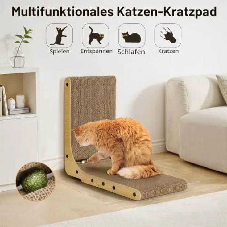 Gimars L-förmiges 47cm Kratzbrett für Katzen mit Minzball, robuste Kratzpappe und rutschfester Unterlage, klein – Bild 3