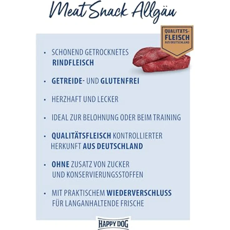 Happy Dog Meat Snack Allgäu, Leckerli aus getrocknetem Rindfleisch für sensible Hunde, 75 g, getreidefrei, glutenfrei – Bild 2