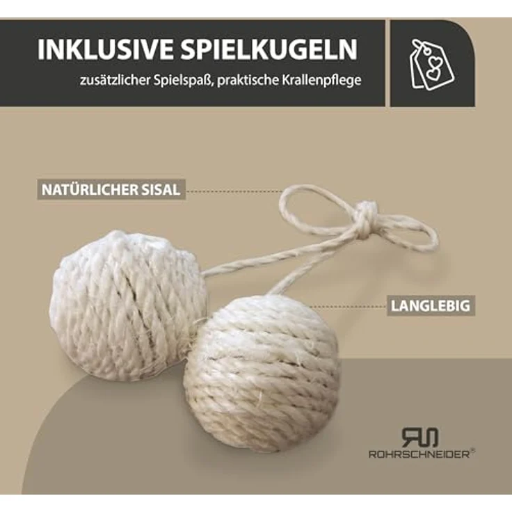Rohrschneider ® Kratzbaum XL, extra dicke Kratzsäule Ø 12 cm mit Spielzeug, Bodenplatte mit Cordbezug beige, 40x40 cm, 54 cm hoch – Bild 7