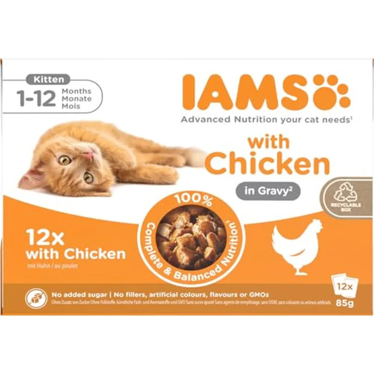 IAMS Delights Kitten Nassfutter, Multipack mit Huhn in Sauce, hochwertiges Futter für Kätzchen 1-12 Monate, 12 x 85g – Bild 1