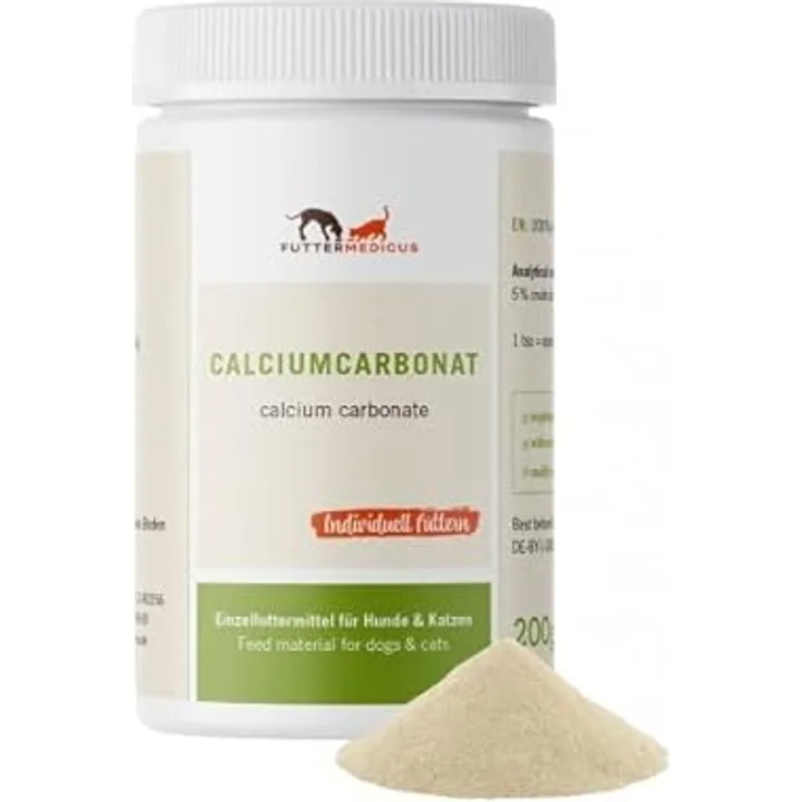 Futtermedicus Calciumcarbonat, 200 g Ergänzungsfuttermittel für Hunde & Katzen, bei Calciummangel, für BARFen ohne Knochenfütterung, 36% Calciumgehalt