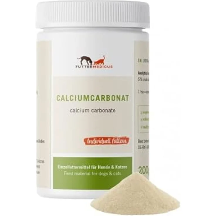 Futtermedicus Calciumcarbonat, 200 g Ergänzungsfuttermittel für Hunde & Katzen, bei Calciummangel, für BARFen ohne Knochenfütterung, 36% Calciumgehalt – Bild 1