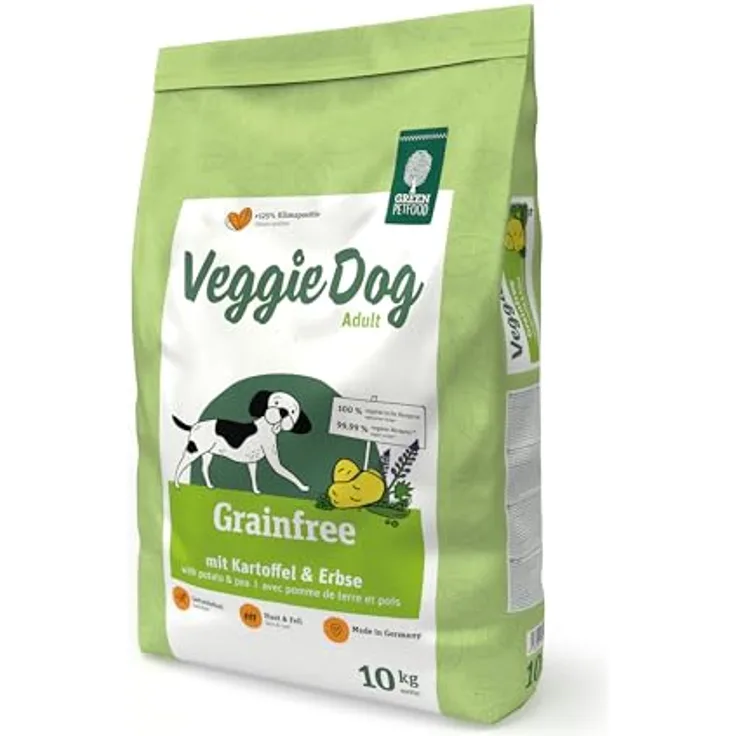 Green Petfood VeggieDog Grainfree, 10 kg Premium Trockenfutter für ausgewachsene sensible Hunde, vegetarisch mit Kartoffel & Erbse, weizenfrei, nachhaltig, ohne Tierversuche