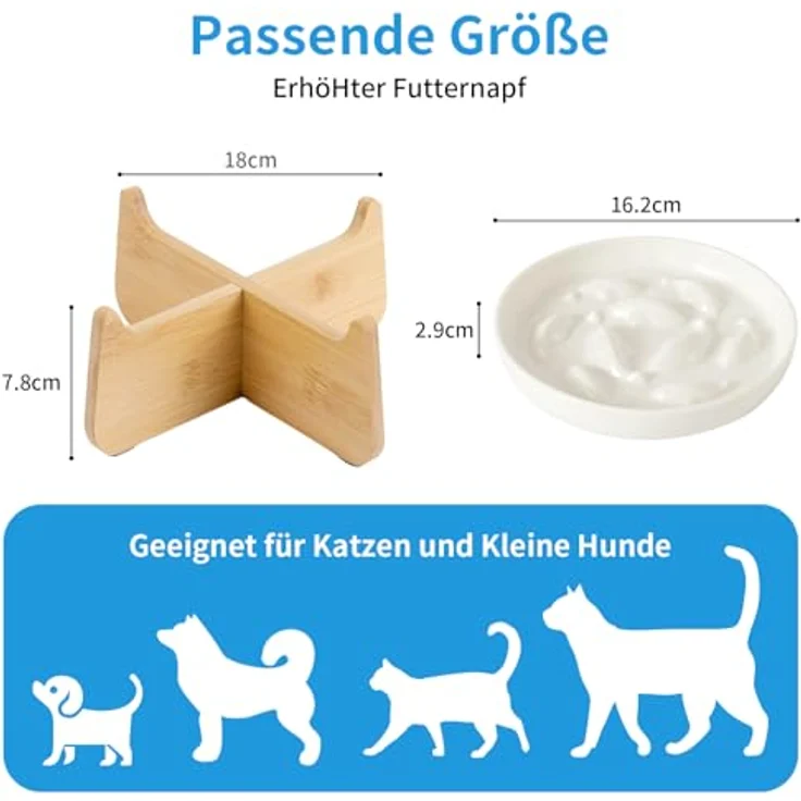 unbholkk Anti Schling Napf Katze Erhöht, Keramik Antischlingnapf mit rutschfestem Bambusgestell für langsames Fressen von Nass- und Trockenfutter für Katzen und kleine Hunde – Bild 4