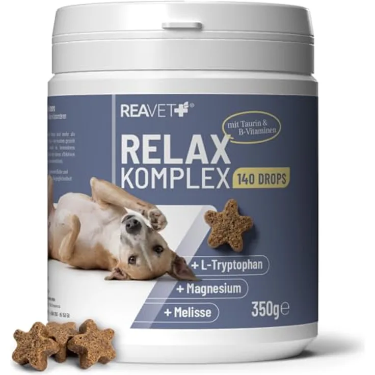 REAVET Relax Komplex Drops, Ergänzungsfuttermittel für Hunde zur Unterstützung von innerer Ruhe mit L-Tryptophan und Magnesium, 350g (140 Stk)