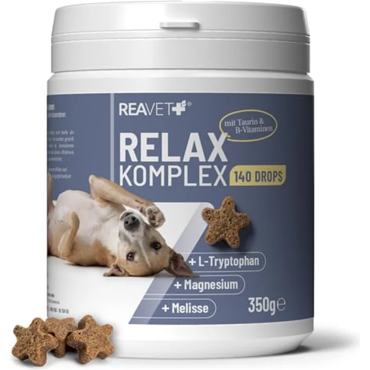 REAVET Relax Komplex Drops, Ergänzungsfuttermittel für Hunde zur Unterstützung von innerer Ruhe mit L-Tryptophan und Magnesium, 350g (140 Stk) – Bild 1