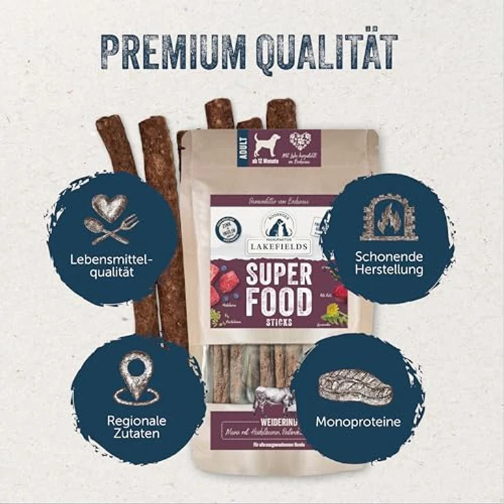 Lakefields SUPERFOOD Sticks, Premium Hundeleckerli vom Weiderind, 61% Fleisch, 130g, getreidefreie Snacks mit Heidelbeeren, Karotten & Rote Beete, entwickelt mit Tierärzten – Bild 2