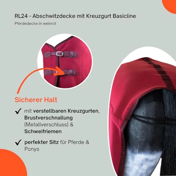 RL24 Abschwitzdecke BASICLINE, atmungsaktiv mit Kreuzgurt, weinrot, 65 cm – Bild 4
