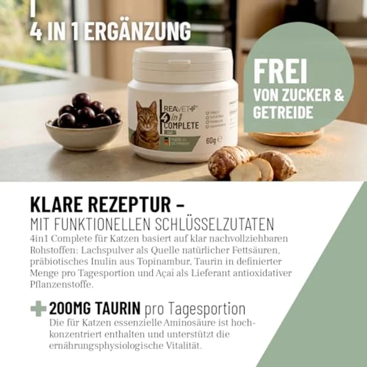 ReaVET 4in1 Complete für Katzen, Tägliche Ergänzung mit Taurin, Vitamine, aktiviert Abwehrkräfte, stärkt Immunsystem, 60g – Bild 3