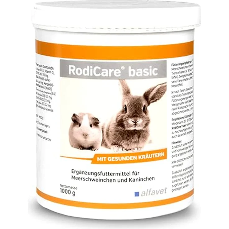 Alfavet RodiCare Basic, Kräuterpellets, rohfaserreich für Meerschweinchen und Kaninchen, mit Vitaminen und Wildkräutern, 1000g Dose – Bild 1