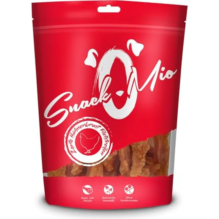 SnackOMio Premium Hundesnack, zarte Hühnerbrust Filetstreifen, getreidefrei, 1 x 500g, BARF geeignet, luftgetrocknet, ohne Farb- und Lockstoffe